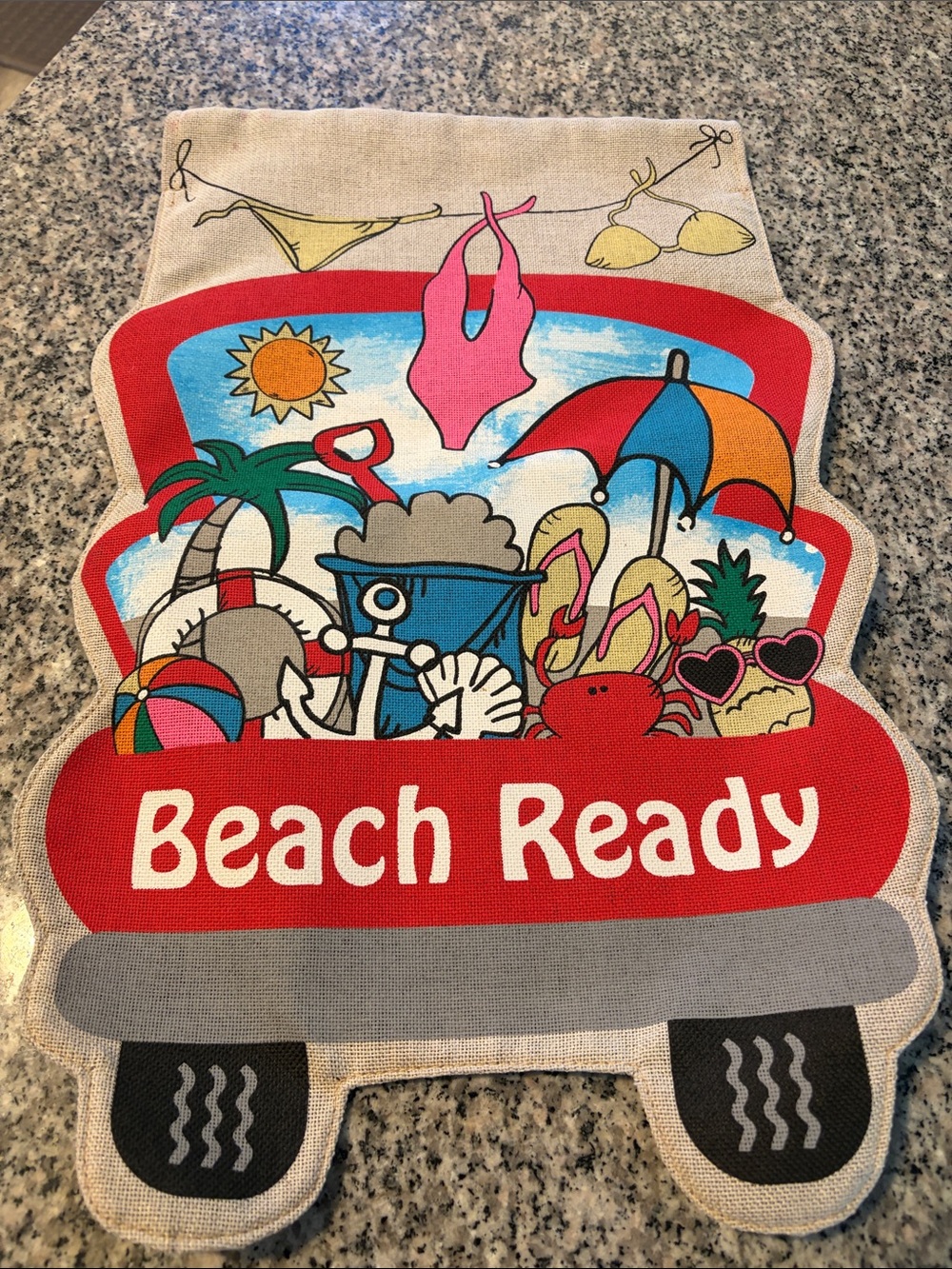 "Beach Ready" garden flag- burlap material